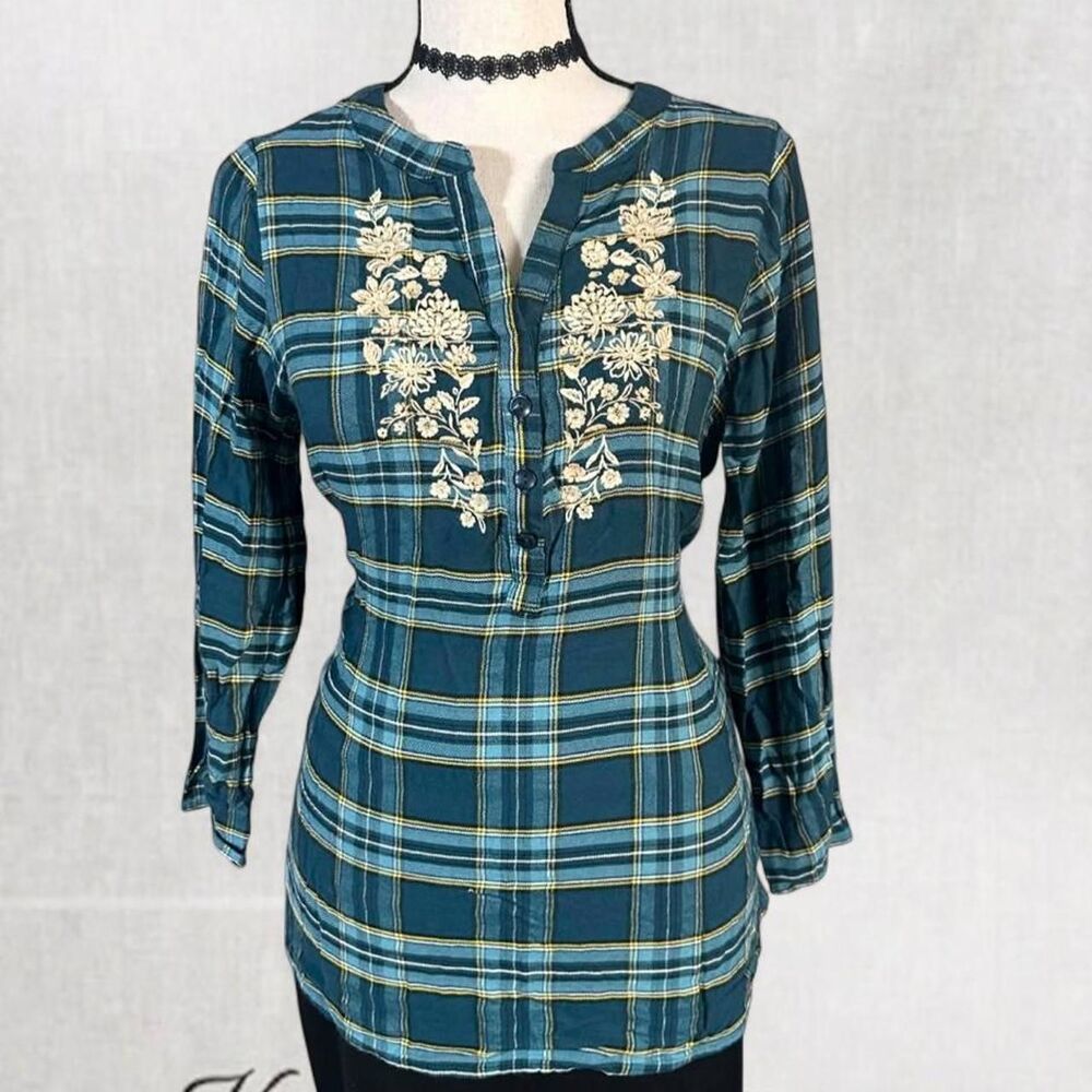 Boho Y2K Plaid Blue Top with Embroidery Detail